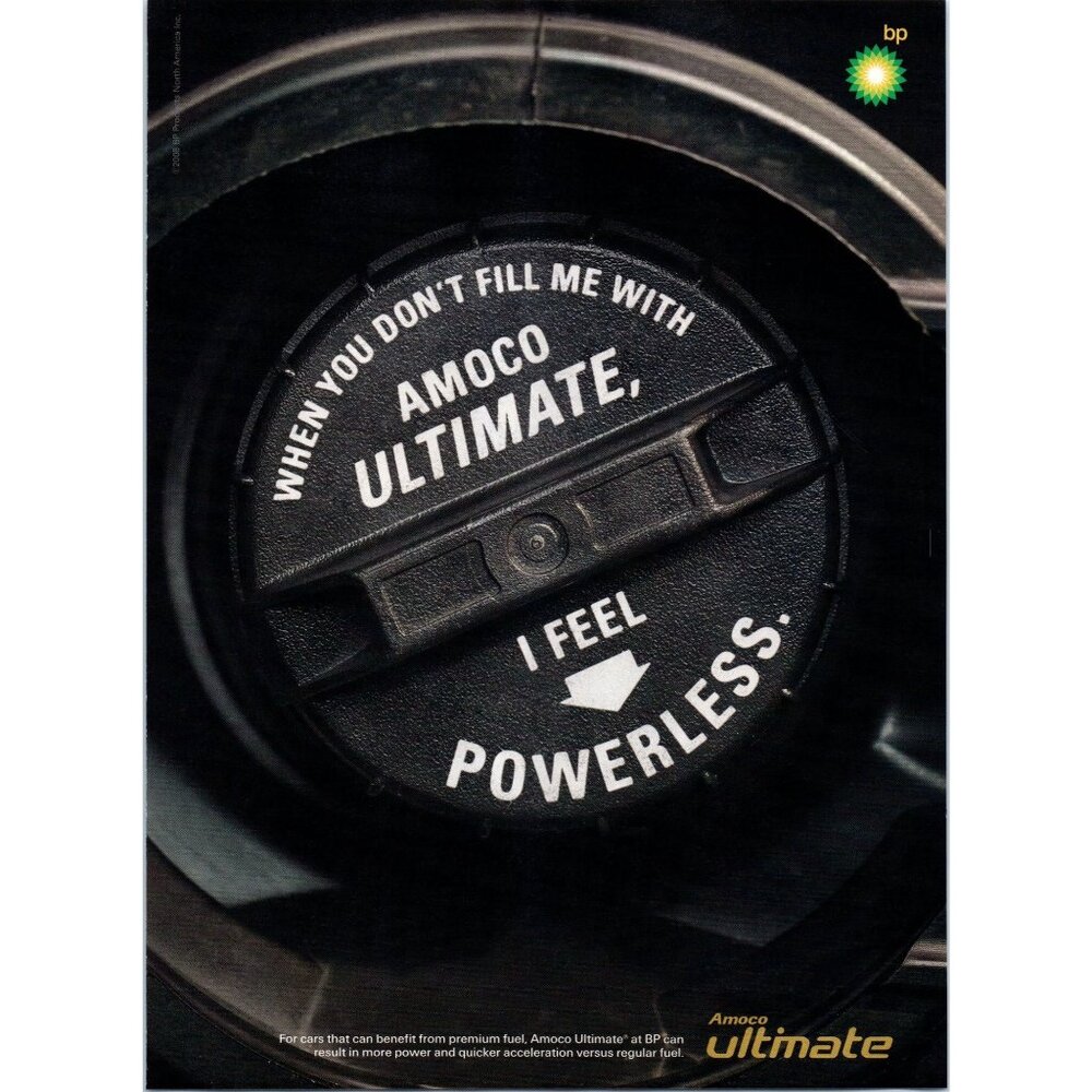 2008 BP Amoco Ultimate Gasoline Gas Cap Vintage Print Ad Man Cave Wall Art